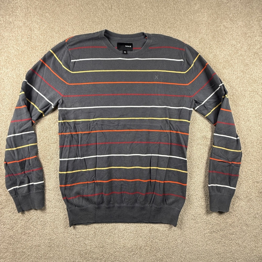 Hurley Mens XL Gray Striped Cotton Crewneck Sweater Long Sleeve ME02DT